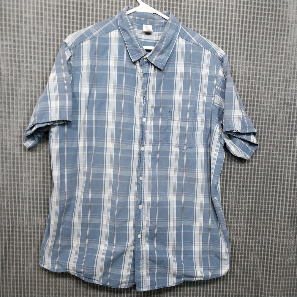 Open Trails Mens Button Up Shirt Short Sleeve Plaid Cotton XL Blue